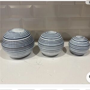 Set of 3 Striped Blue and White Decorative Round Ceramic Spheres